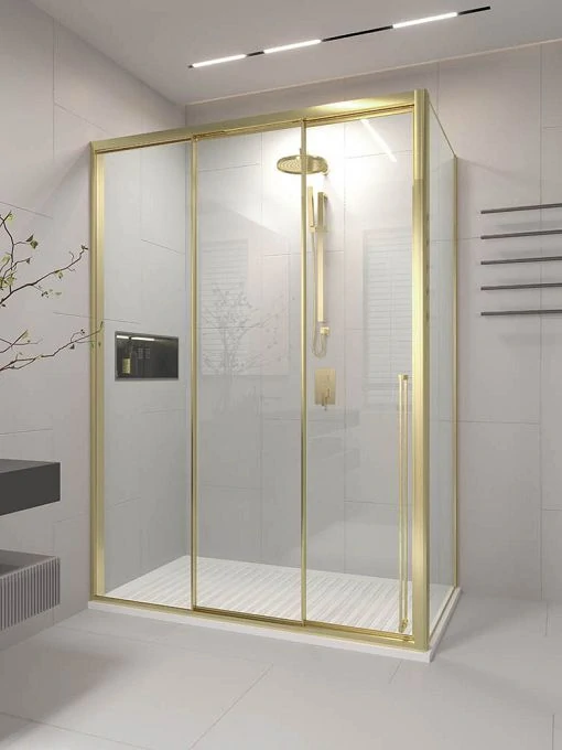 Душевой угол раздвижной Veconi Premium Ptato 300 SP G-L, 1400х900x2000, золото брашированный, стекло прозрачное