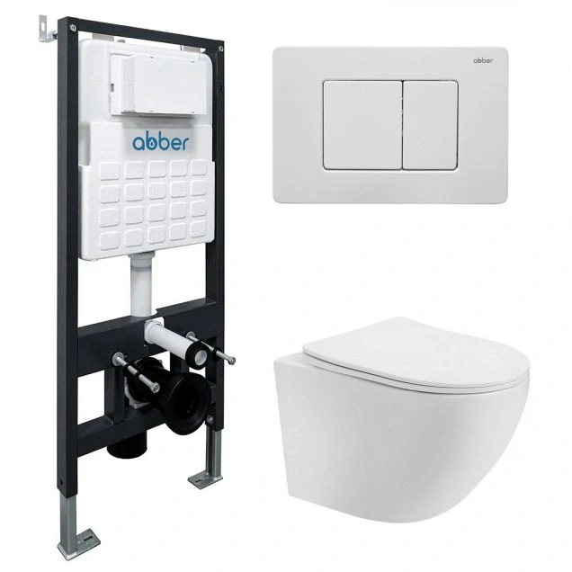 Комплект подвесной унитаз ABBER Bequem AC1100T белый с инсталляцией AC0105 и кнопкой AC0120MW белая матовая