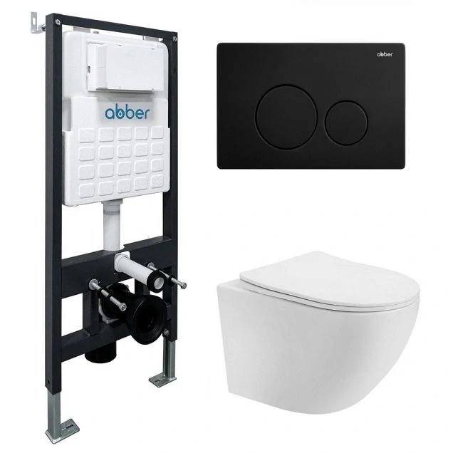 Комплект подвесной унитаз ABBER Bequem AC1100T белый с инсталляцией AC0105 и кнопкой AC0121MB черный матовый