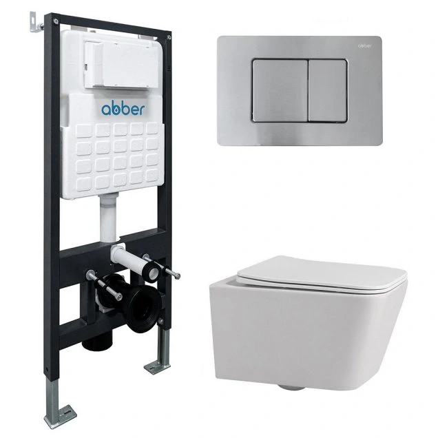 Комплект подвесной унитаз ABBER Rechteck AC1201 белый с инсталляцией AC0105 и кнопкой AC0120MCH матовый хром