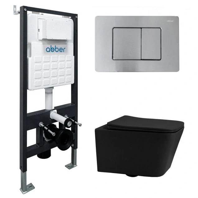 Комплект подвесной унитаз ABBER Rechteck AC1201MB черный матовый с инсталляцией AC0105 и кнопкой AC0120MCH матовый хром