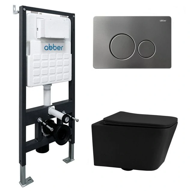 Комплект подвесной унитаз ABBER Rechteck AC1201MB черный матовый с инсталляцией AC0105 и кнопкой AC0121MCH матовый хром