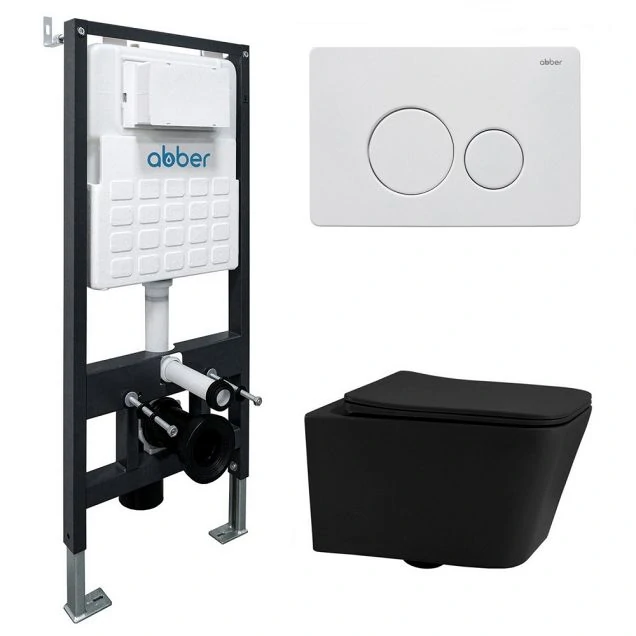 Комплект подвесной унитаз ABBER Rechteck AC1201MB черный матовый с инсталляцией AC0105 и кнопкой AC0121MW белая матовая
