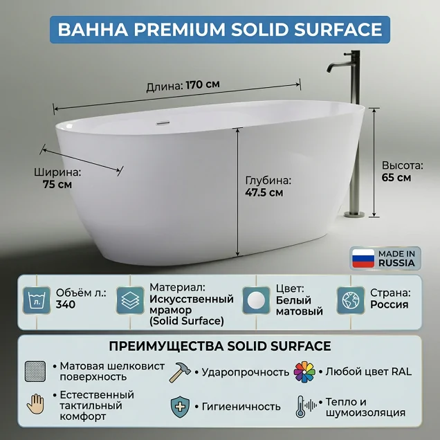 Ванна Astra-Form Атрия 170х75 Solid Surface с интегрированным переливом