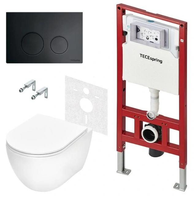 Инсталляция TECEspring K401115WCR с чёрной кнопкой смыва и унитазом
