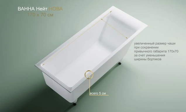 Ванна Astra-Form НЕЙТ НОВА 170*70 тонкий борт литой мрамор с щелевым переливом, донный клапан белый глянц