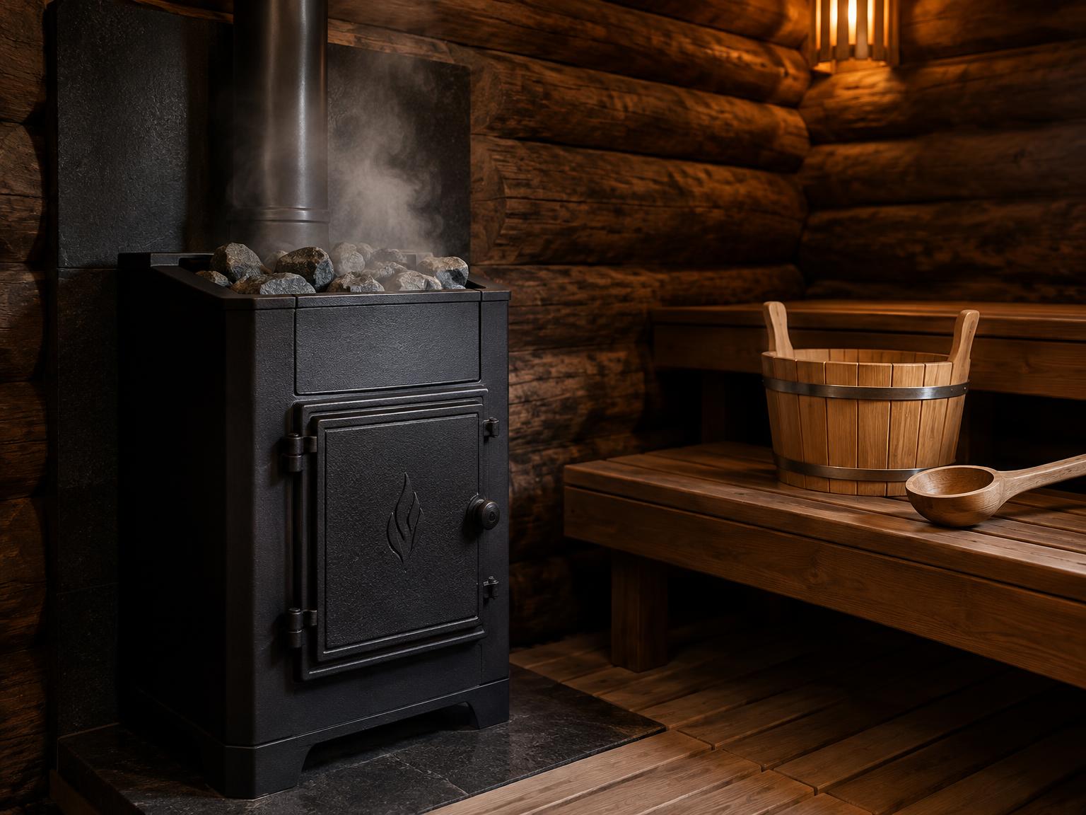 Чугунная дровяная печь в русской бане, от камней поднимается пар