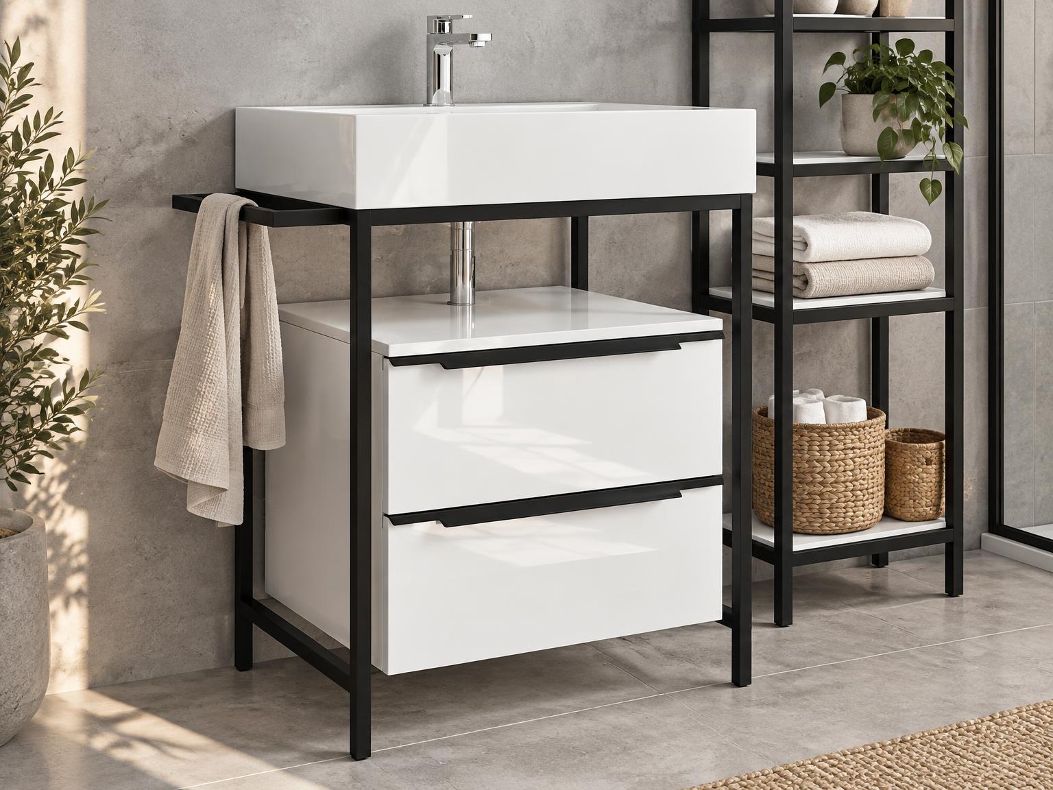 Тумба Эстет Comfort Loft на чёрном металлическом каркасе и открытый стеллаж у стены под бетон