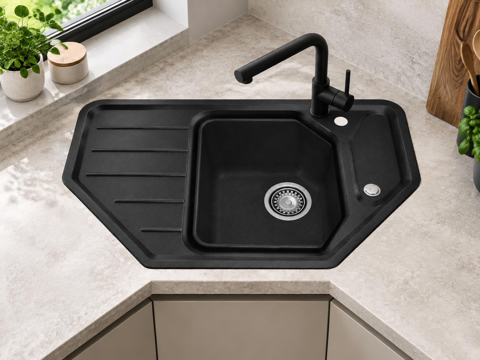 Угловая чёрная мойка GranFest Corner с крылом в углу Г-образной столешницы